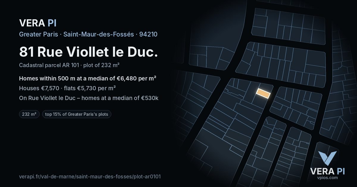 81 Rue Viollet le Duc, Saint-Maur-des-Fossés at night – the plot lit, the parcels around coloured by the prices near them