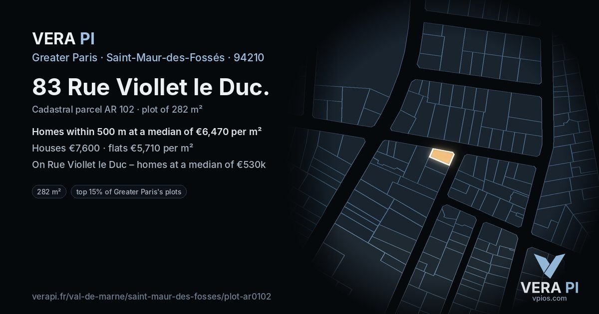 83 Rue Viollet le Duc, Saint-Maur-des-Fossés at night – the plot lit, the parcels around coloured by the prices near them