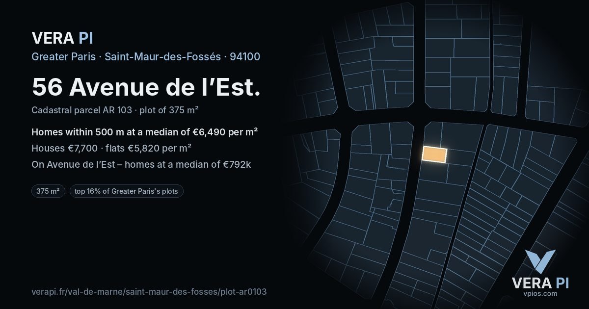 56 Avenue de l’Est, Saint-Maur-des-Fossés at night – the plot lit, the parcels around coloured by the prices near them