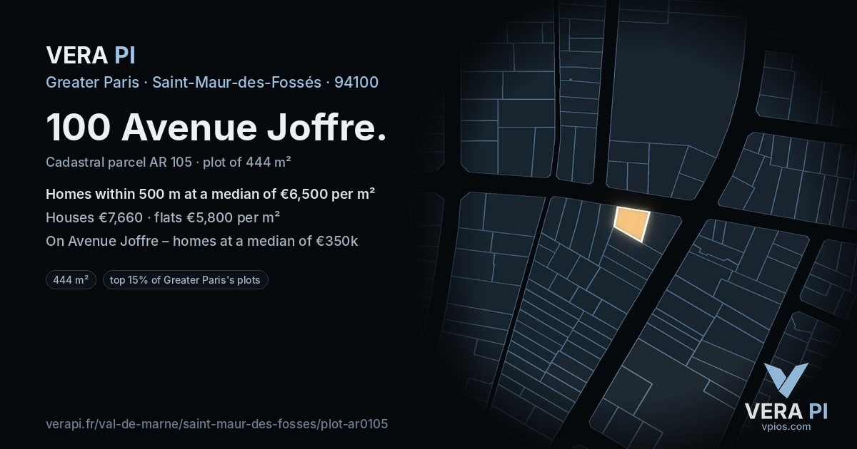 100 Avenue Joffre, Saint-Maur-des-Fossés at night – the plot lit, the parcels around coloured by the prices near them