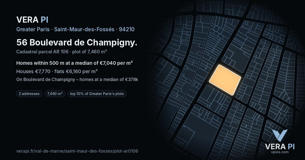 56 Boulevard de Champigny, Saint-Maur-des-Fossés at night – the plot lit, the parcels around coloured by the prices near them