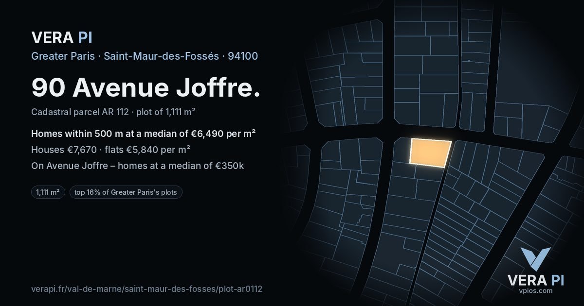 90 Avenue Joffre, Saint-Maur-des-Fossés at night – the plot lit, the parcels around coloured by the prices near them