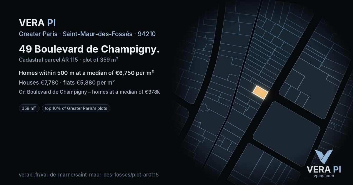 49 Boulevard de Champigny, Saint-Maur-des-Fossés at night – the plot lit, the parcels around coloured by the prices near them