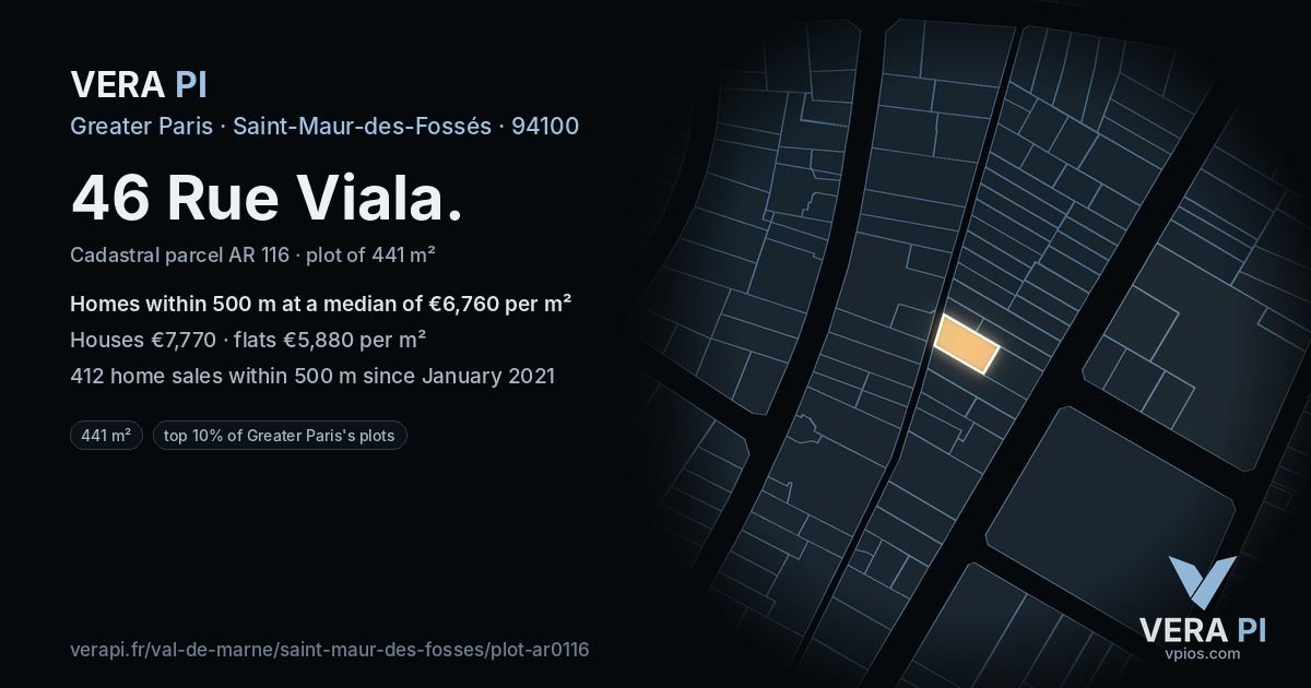 46 Rue Viala, Saint-Maur-des-Fossés at night – the plot lit, the parcels around coloured by the prices near them