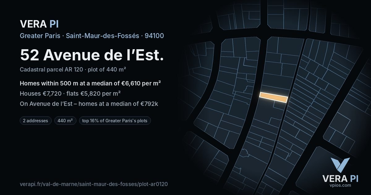 52 Avenue de l’Est, Saint-Maur-des-Fossés at night – the plot lit, the parcels around coloured by the prices near them