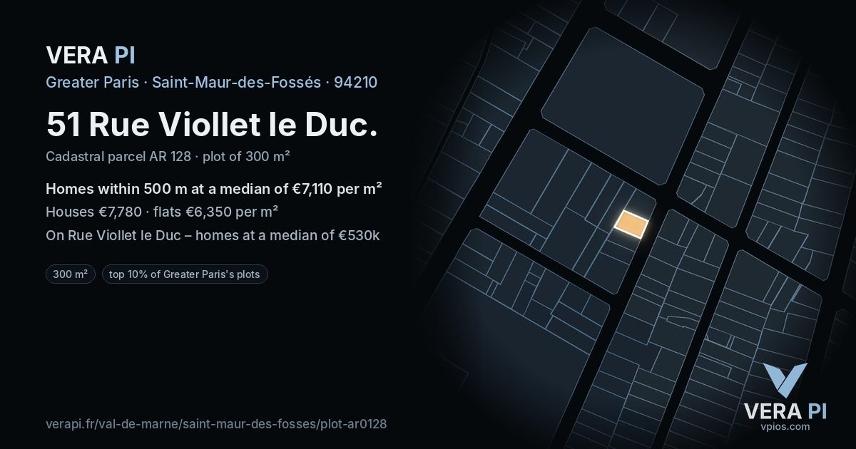 51 Rue Viollet le Duc, Saint-Maur-des-Fossés at night – the plot lit, the parcels around coloured by the prices near them