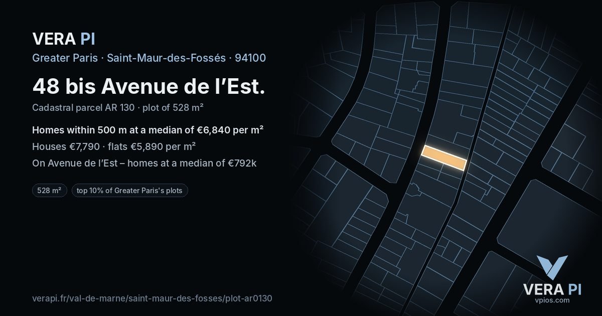 48 bis Avenue de l’Est, Saint-Maur-des-Fossés at night – the plot lit, the parcels around coloured by the prices near them