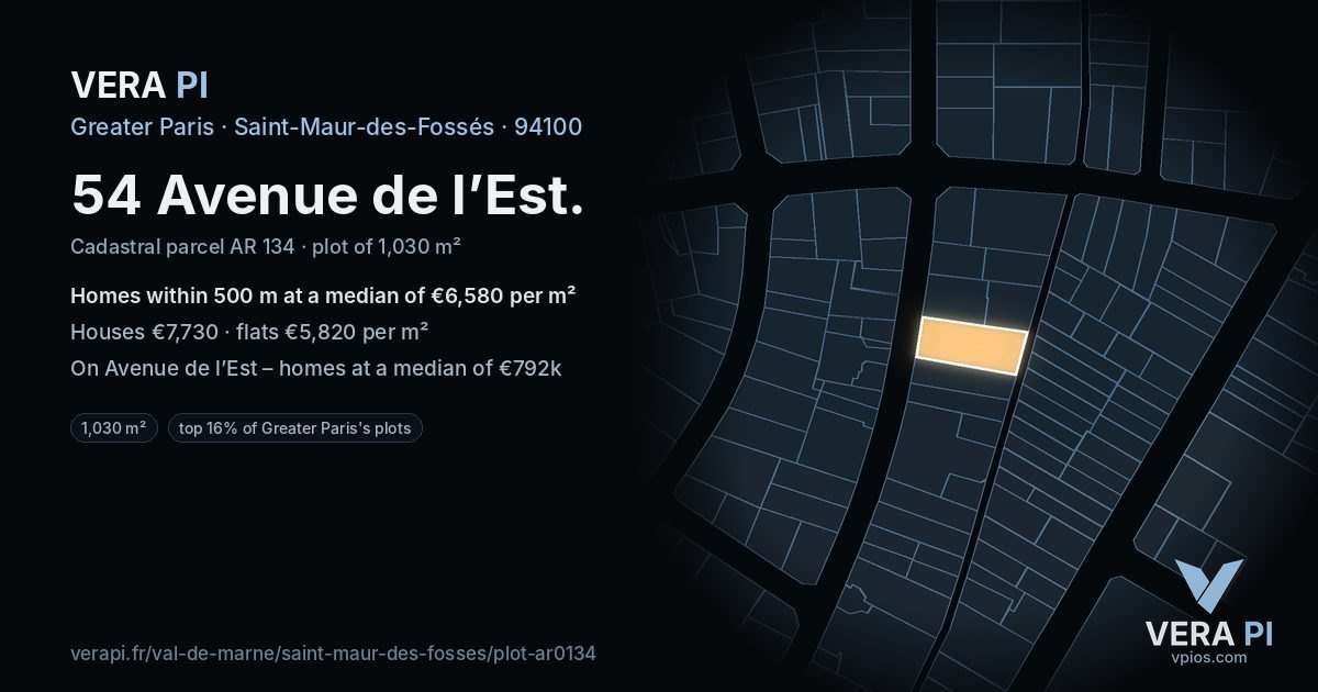 54 Avenue de l’Est, Saint-Maur-des-Fossés at night – the plot lit, the parcels around coloured by the prices near them
