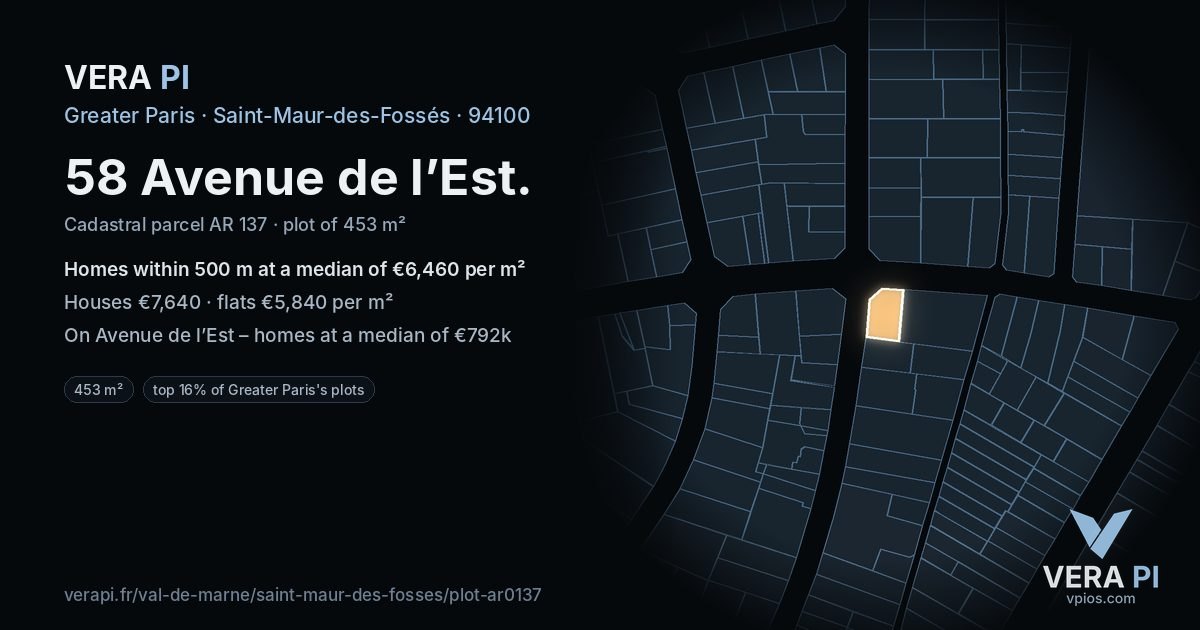 58 Avenue de l’Est, Saint-Maur-des-Fossés at night – the plot lit, the parcels around coloured by the prices near them