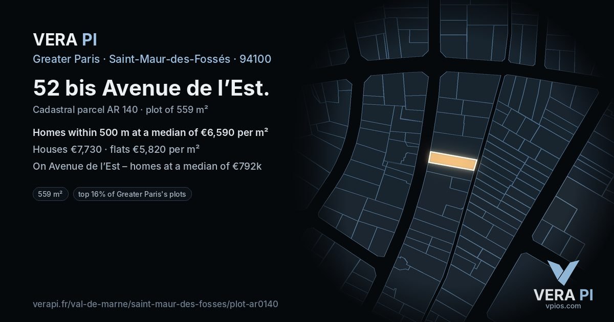 52 bis Avenue de l’Est, Saint-Maur-des-Fossés at night – the plot lit, the parcels around coloured by the prices near them