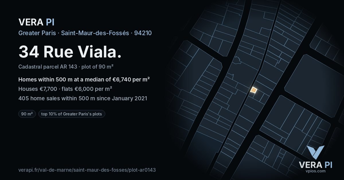 34 Rue Viala, Saint-Maur-des-Fossés at night – the plot lit, the parcels around coloured by the prices near them