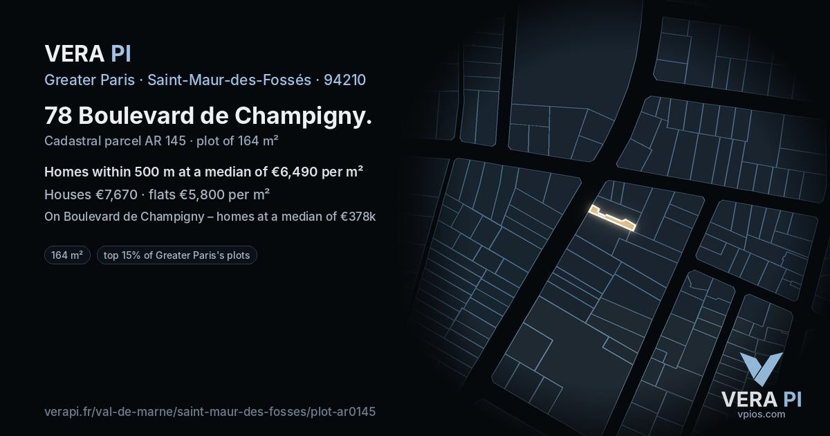 78 Boulevard de Champigny, Saint-Maur-des-Fossés at night – the plot lit, the parcels around coloured by the prices near them