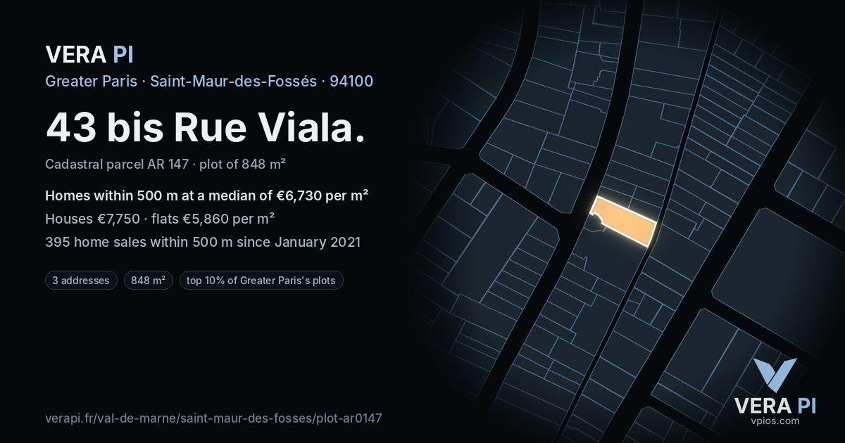 43 bis Rue Viala, Saint-Maur-des-Fossés at night – the plot lit, the parcels around coloured by the prices near them