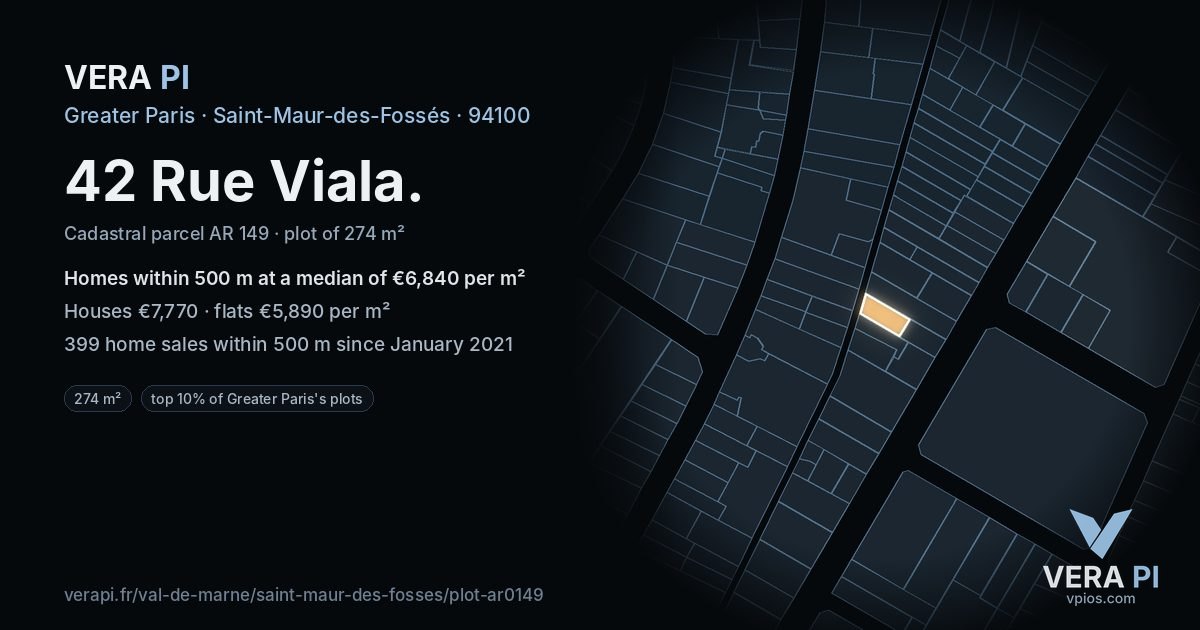 42 Rue Viala, Saint-Maur-des-Fossés at night – the plot lit, the parcels around coloured by the prices near them