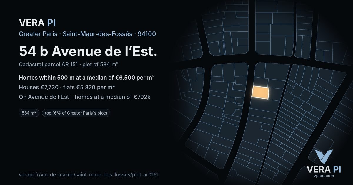 54 b Avenue de l’Est, Saint-Maur-des-Fossés at night – the plot lit, the parcels around coloured by the prices near them