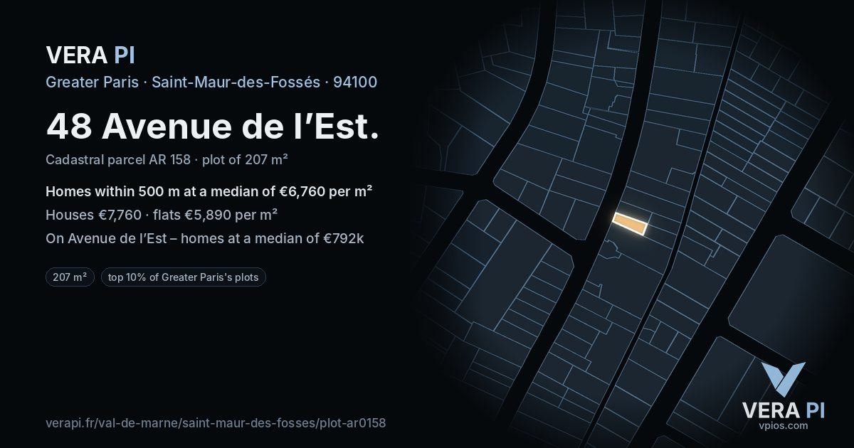 48 Avenue de l’Est, Saint-Maur-des-Fossés at night – the plot lit, the parcels around coloured by the prices near them