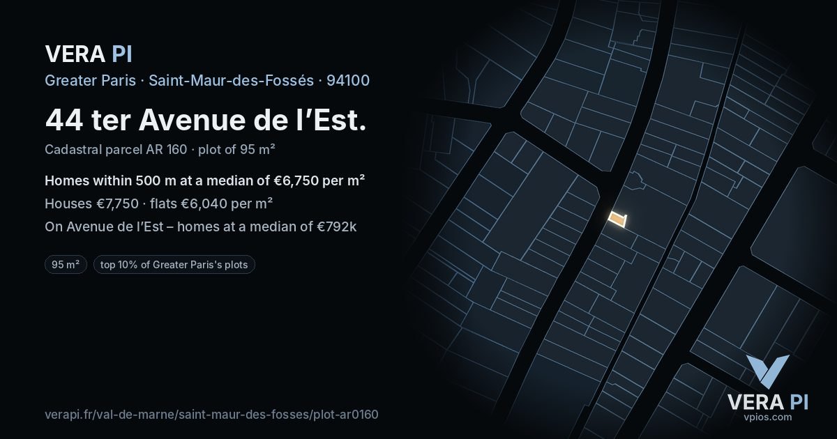 44 ter Avenue de l’Est, Saint-Maur-des-Fossés at night – the plot lit, the parcels around coloured by the prices near them