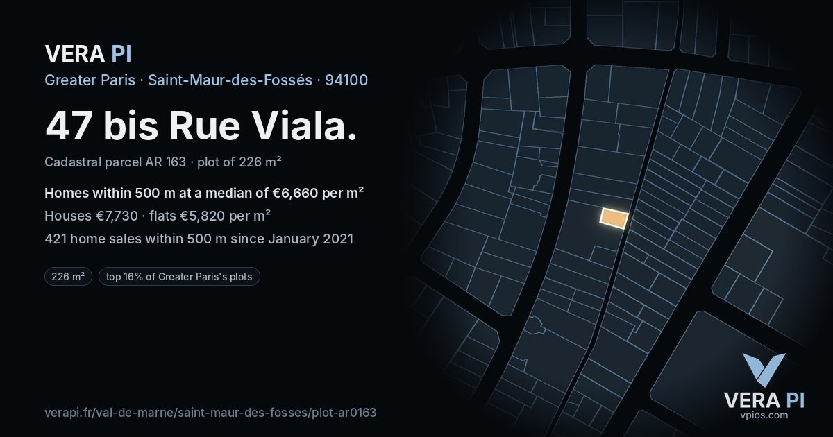 47 bis Rue Viala, Saint-Maur-des-Fossés at night – the plot lit, the parcels around coloured by the prices near them