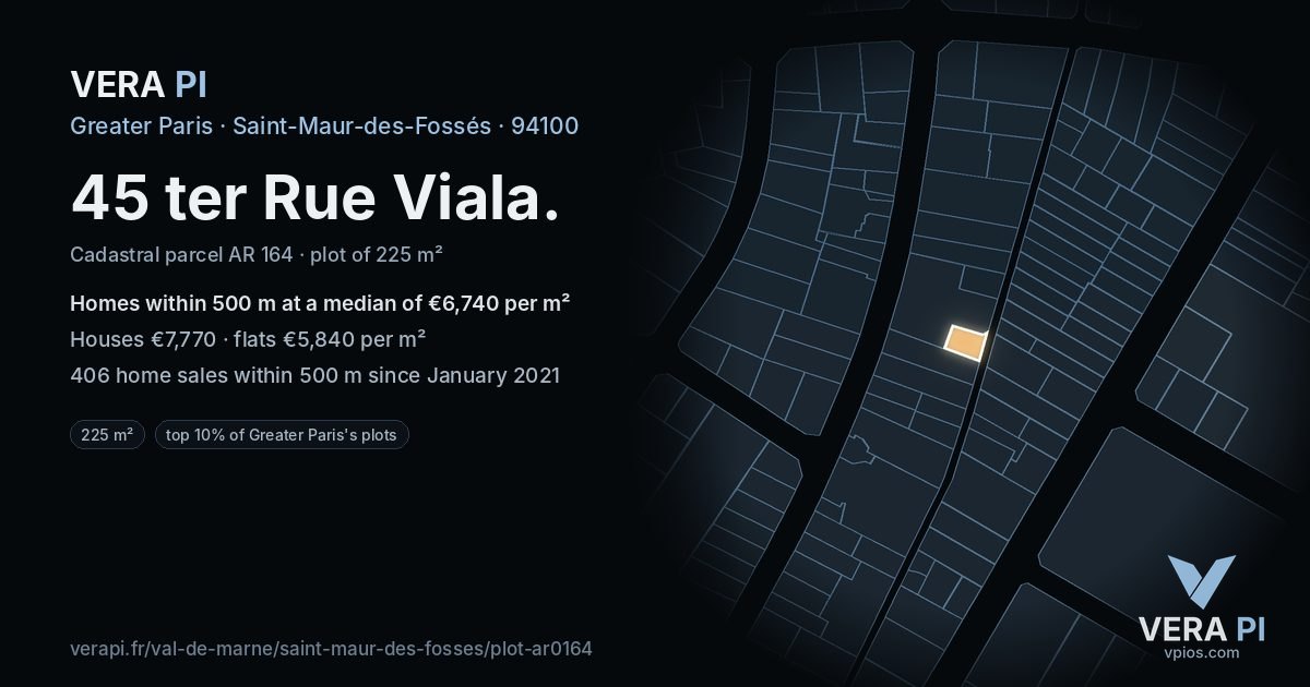 45 ter Rue Viala, Saint-Maur-des-Fossés at night – the plot lit, the parcels around coloured by the prices near them