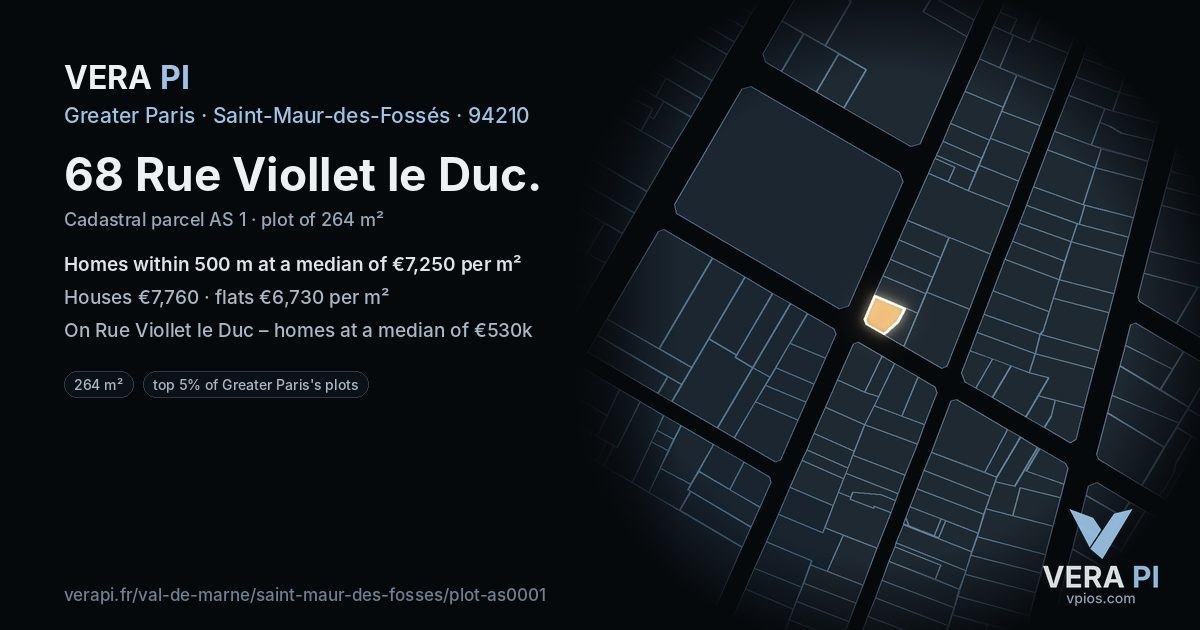 68 Rue Viollet le Duc, Saint-Maur-des-Fossés at night – the plot lit, the parcels around coloured by the prices near them