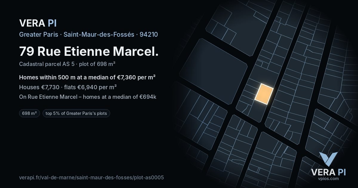 79 Rue Etienne Marcel, Saint-Maur-des-Fossés at night – the plot lit, the parcels around coloured by the prices near them