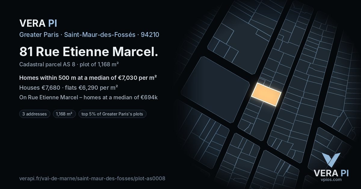 81 Rue Etienne Marcel, Saint-Maur-des-Fossés at night – the plot lit, the parcels around coloured by the prices near them