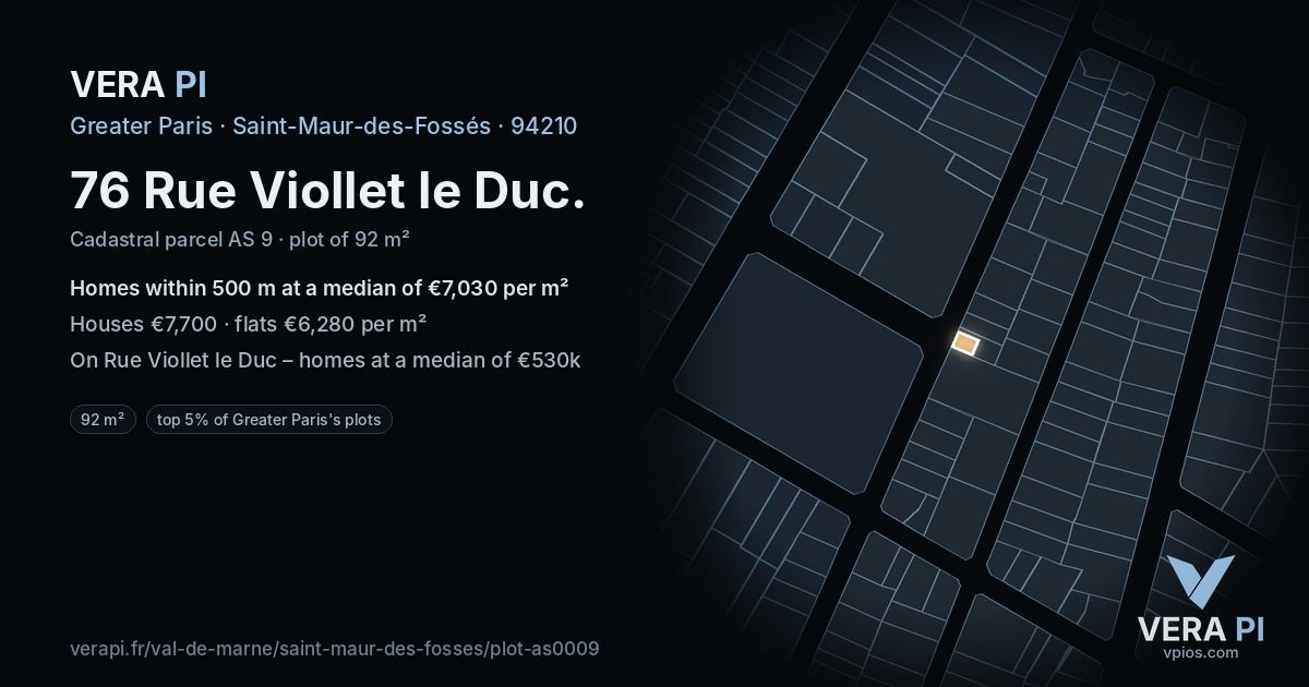 76 Rue Viollet le Duc, Saint-Maur-des-Fossés at night – the plot lit, the parcels around coloured by the prices near them