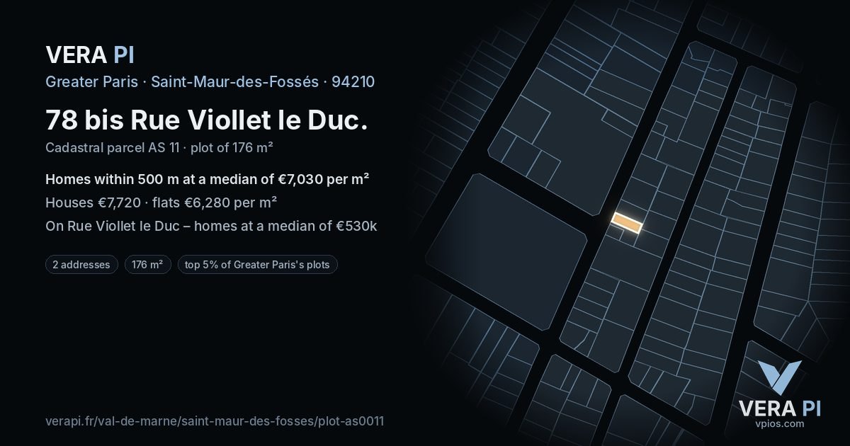78 bis Rue Viollet le Duc, Saint-Maur-des-Fossés at night – the plot lit, the parcels around coloured by the prices near them