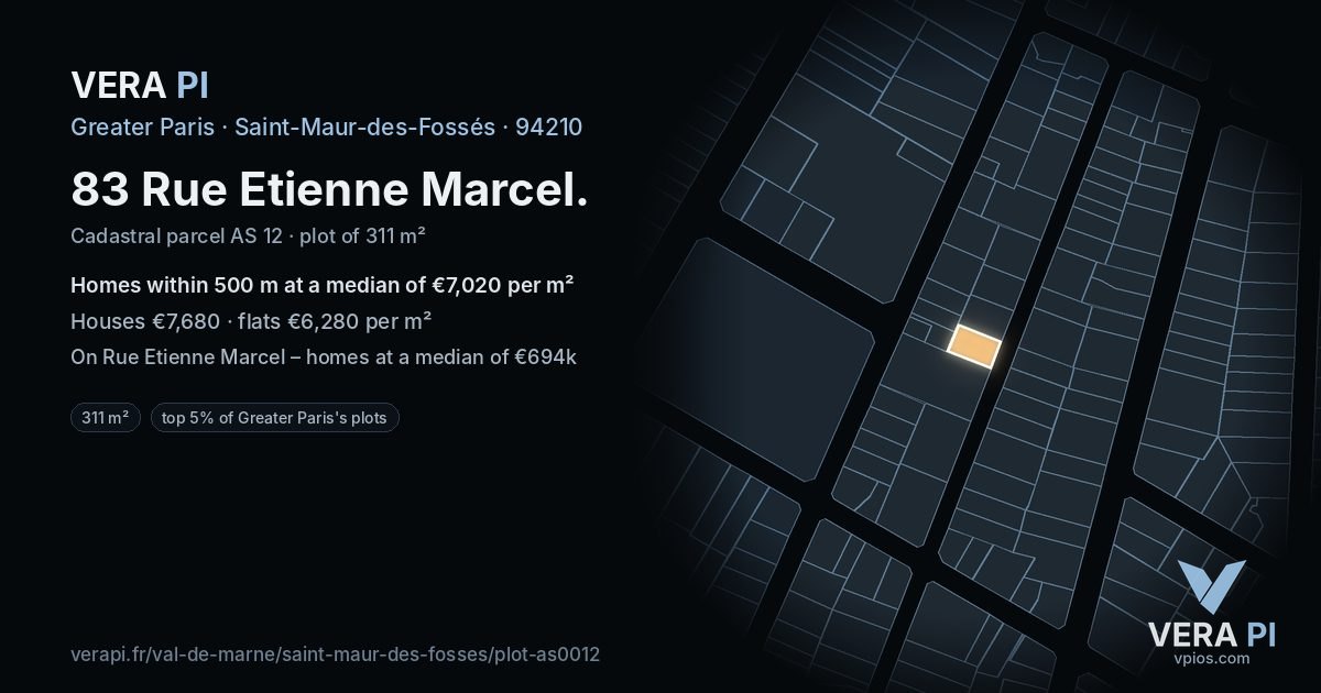 83 Rue Etienne Marcel, Saint-Maur-des-Fossés at night – the plot lit, the parcels around coloured by the prices near them