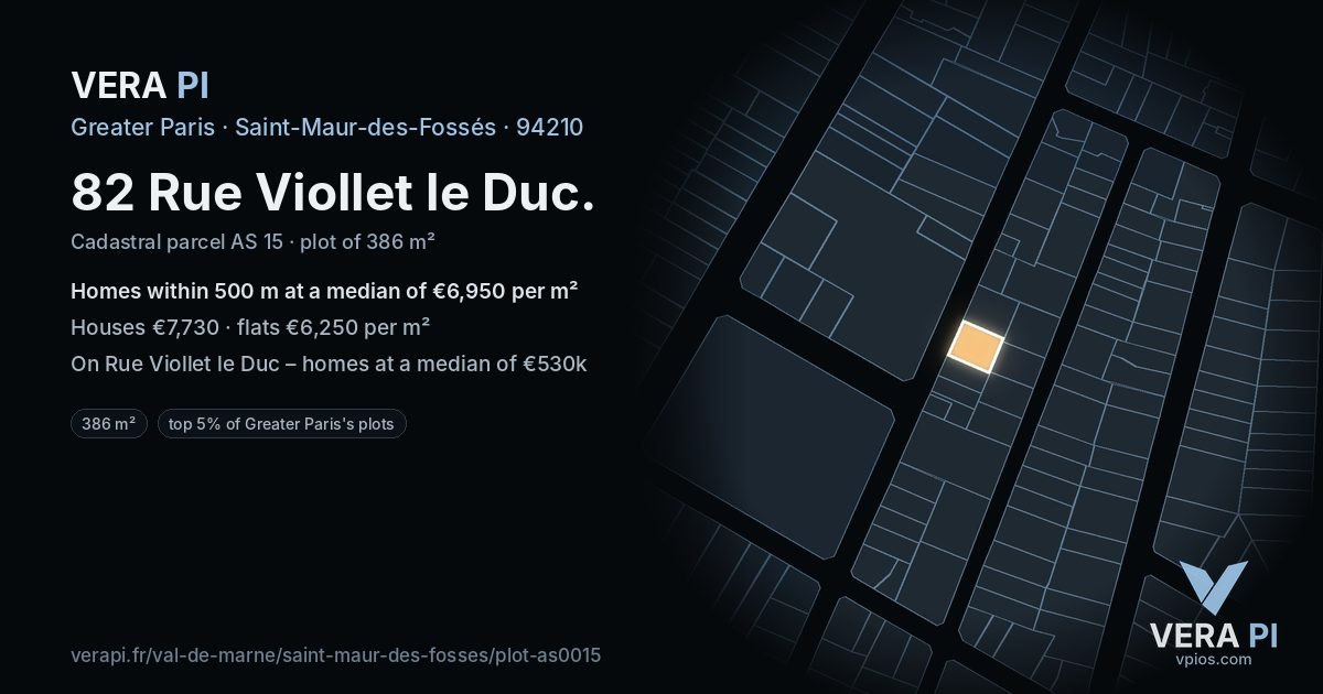 82 Rue Viollet le Duc, Saint-Maur-des-Fossés at night – the plot lit, the parcels around coloured by the prices near them