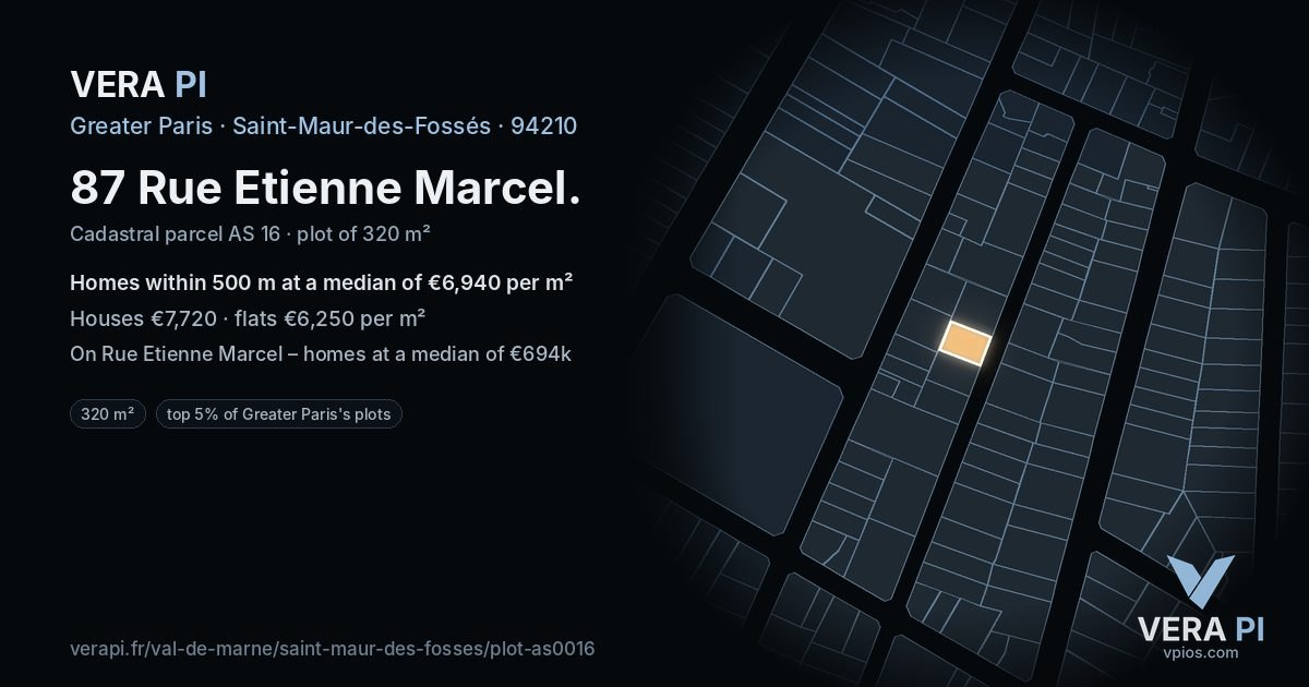 87 Rue Etienne Marcel, Saint-Maur-des-Fossés at night – the plot lit, the parcels around coloured by the prices near them