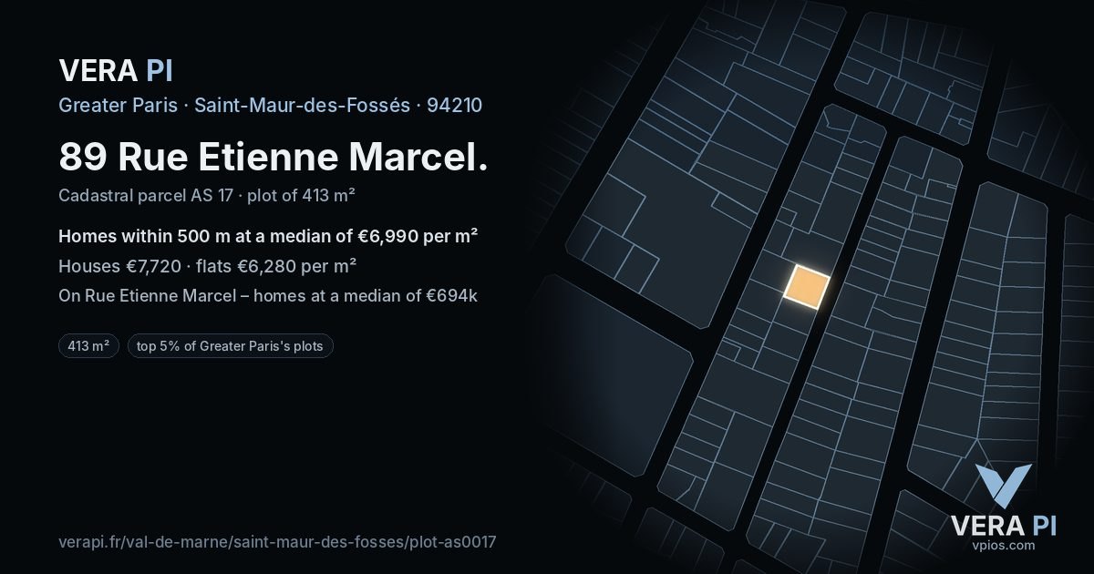 89 Rue Etienne Marcel, Saint-Maur-des-Fossés at night – the plot lit, the parcels around coloured by the prices near them