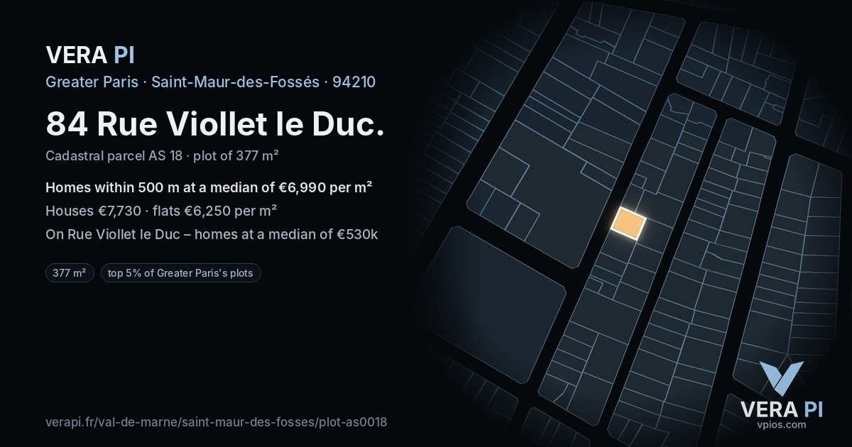 84 Rue Viollet le Duc, Saint-Maur-des-Fossés at night – the plot lit, the parcels around coloured by the prices near them