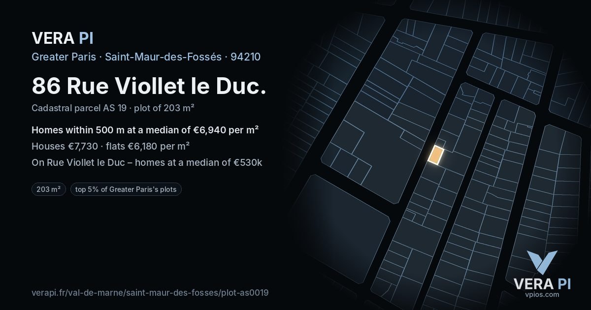 86 Rue Viollet le Duc, Saint-Maur-des-Fossés at night – the plot lit, the parcels around coloured by the prices near them