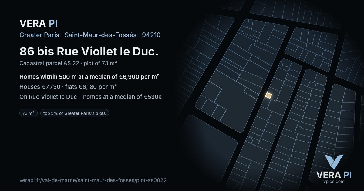 86 bis Rue Viollet le Duc, Saint-Maur-des-Fossés at night – the plot lit, the parcels around coloured by the prices near them