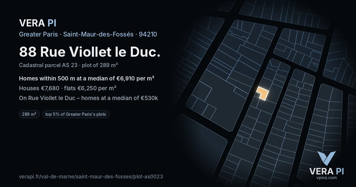 88 Rue Viollet le Duc, Saint-Maur-des-Fossés at night – the plot lit, the parcels around coloured by the prices near them
