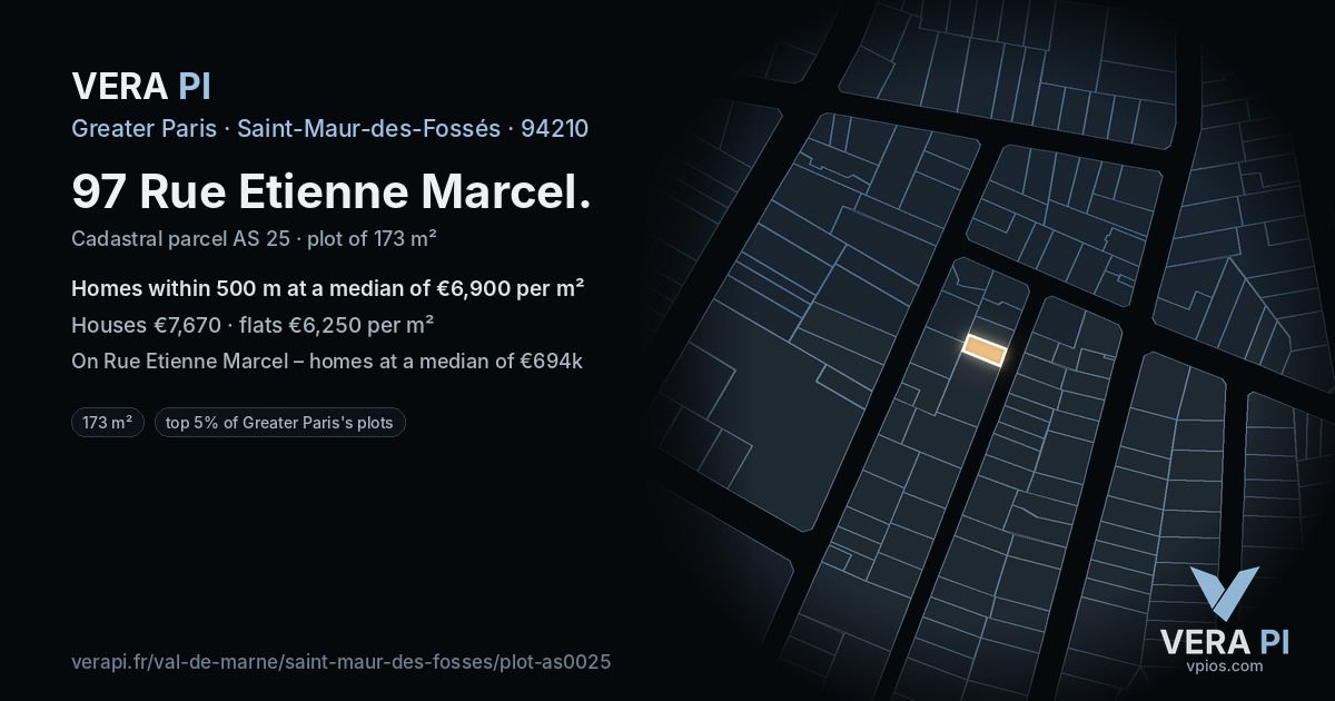 97 Rue Etienne Marcel, Saint-Maur-des-Fossés at night – the plot lit, the parcels around coloured by the prices near them