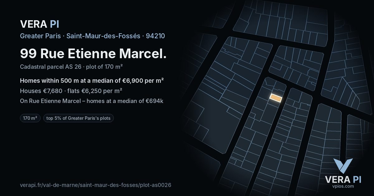 99 Rue Etienne Marcel, Saint-Maur-des-Fossés at night – the plot lit, the parcels around coloured by the prices near them
