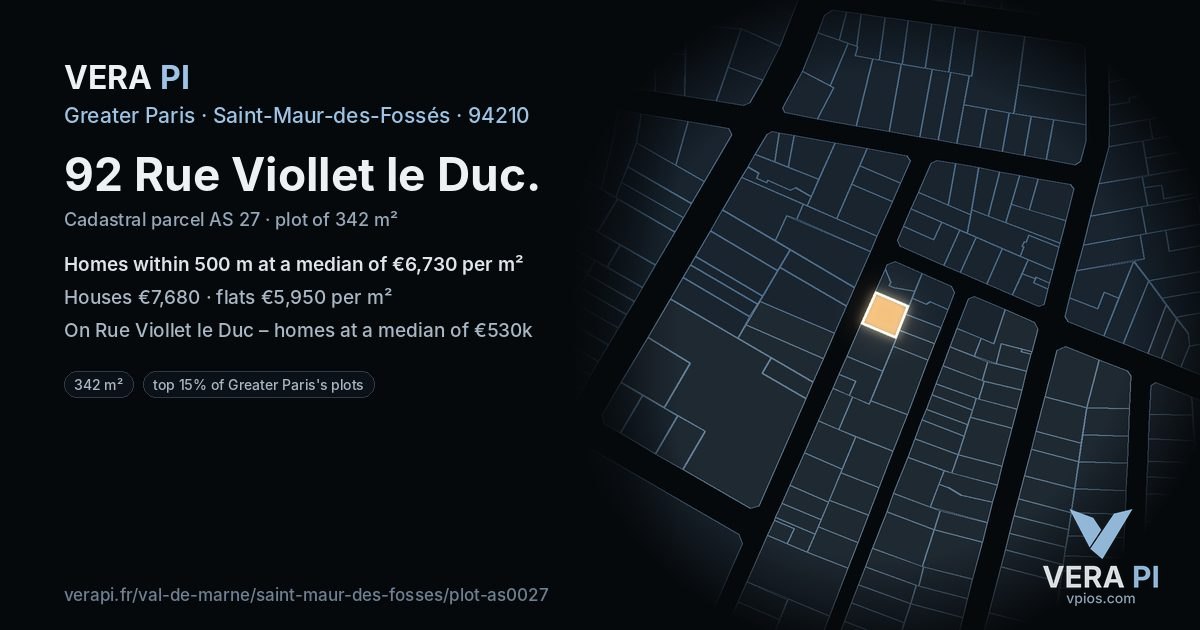 92 Rue Viollet le Duc, Saint-Maur-des-Fossés at night – the plot lit, the parcels around coloured by the prices near them