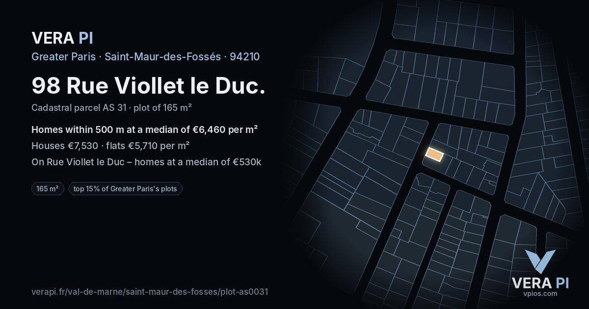 98 Rue Viollet le Duc, Saint-Maur-des-Fossés at night – the plot lit, the parcels around coloured by the prices near them