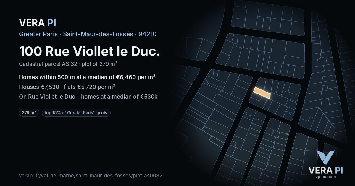 100 Rue Viollet le Duc, Saint-Maur-des-Fossés at night – the plot lit, the parcels around coloured by the prices near them