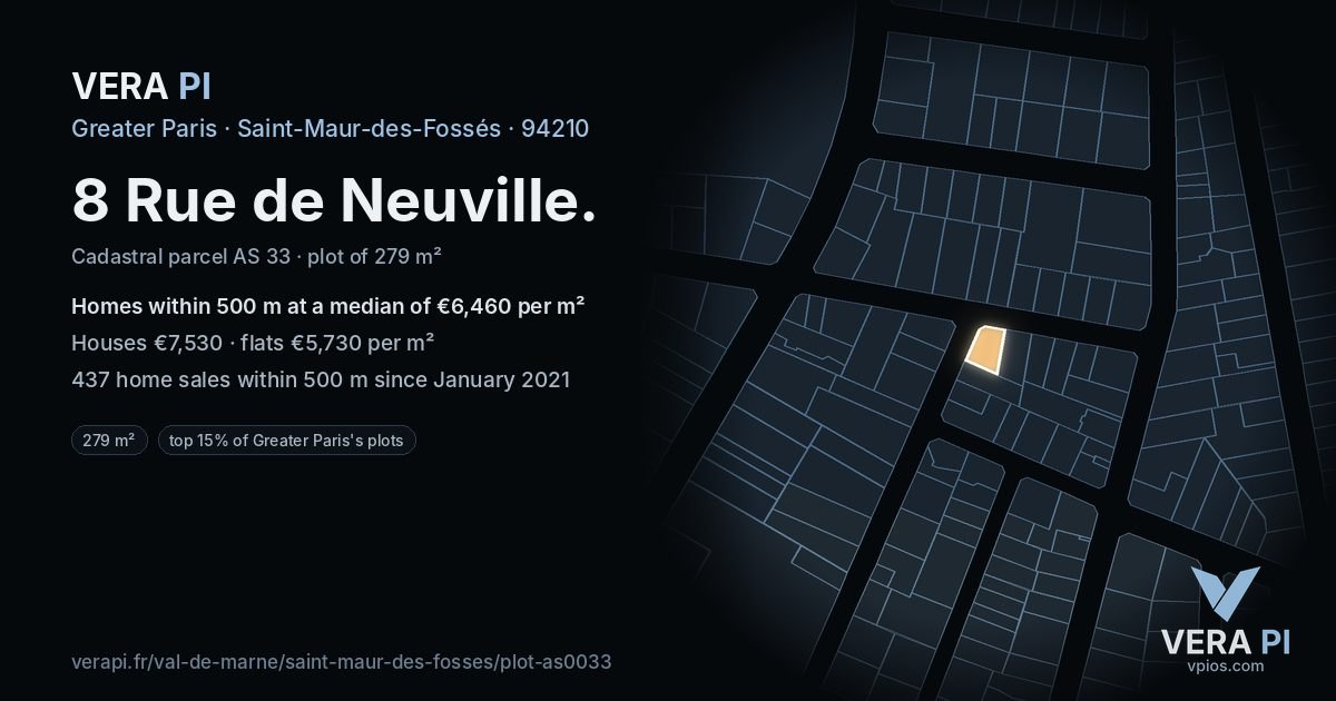 8 Rue de Neuville, Saint-Maur-des-Fossés at night – the plot lit, the parcels around coloured by the prices near them