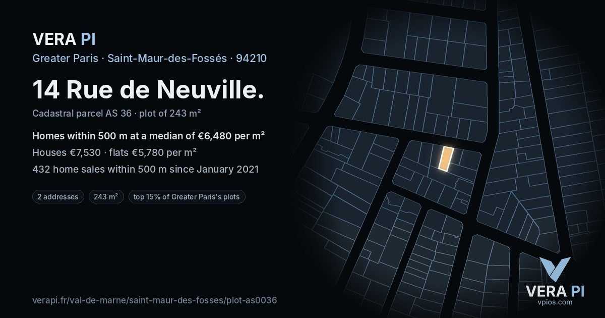 14 Rue de Neuville, Saint-Maur-des-Fossés at night – the plot lit, the parcels around coloured by the prices near them