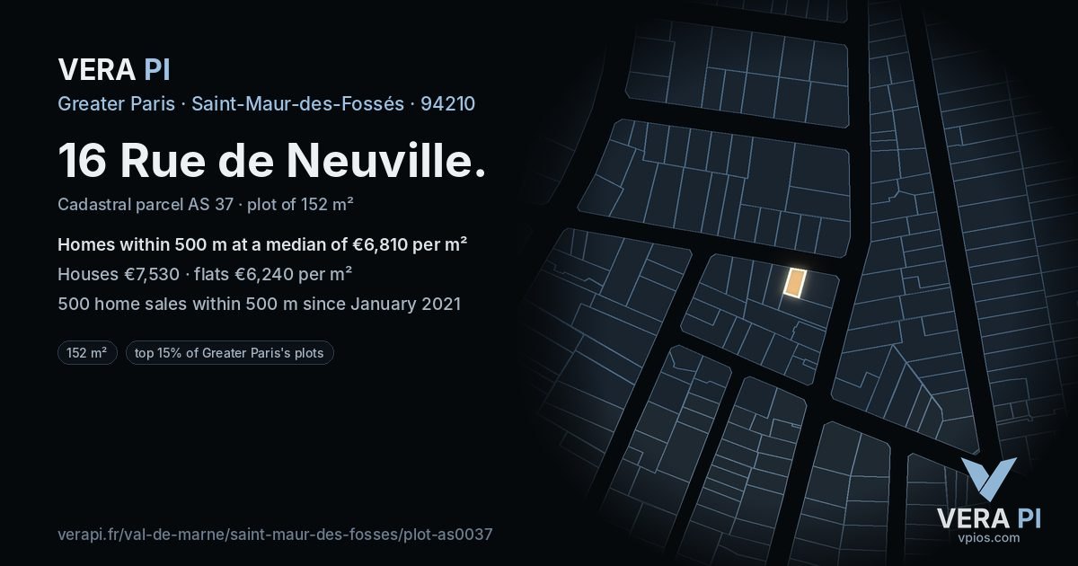16 Rue de Neuville, Saint-Maur-des-Fossés at night – the plot lit, the parcels around coloured by the prices near them