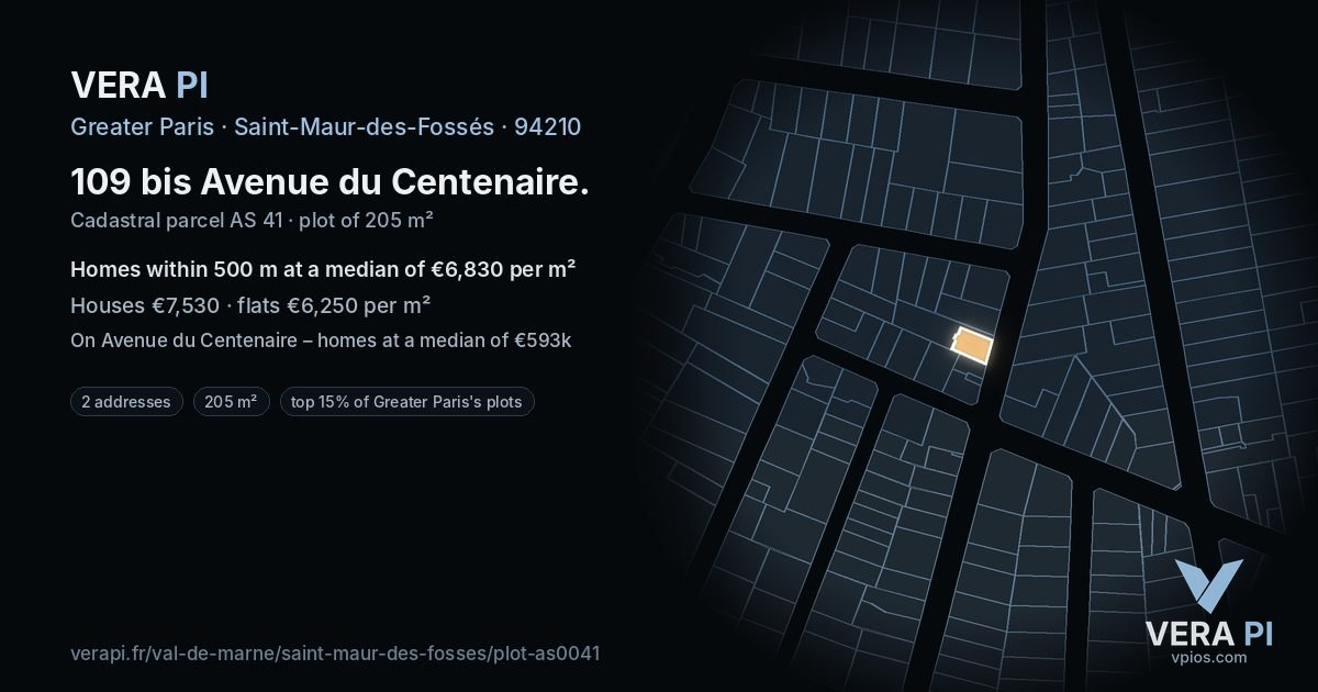 109 bis Avenue du Centenaire, Saint-Maur-des-Fossés at night – the plot lit, the parcels around coloured by the prices near them