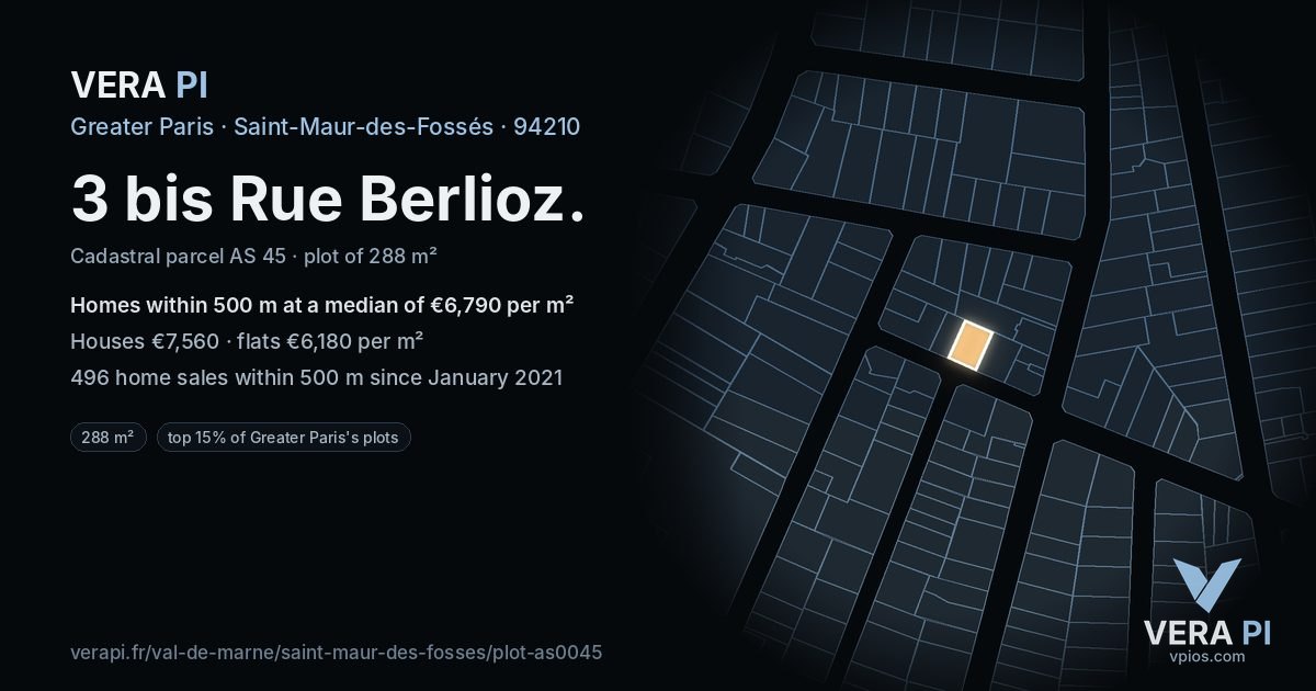 3 bis Rue Berlioz, Saint-Maur-des-Fossés at night – the plot lit, the parcels around coloured by the prices near them