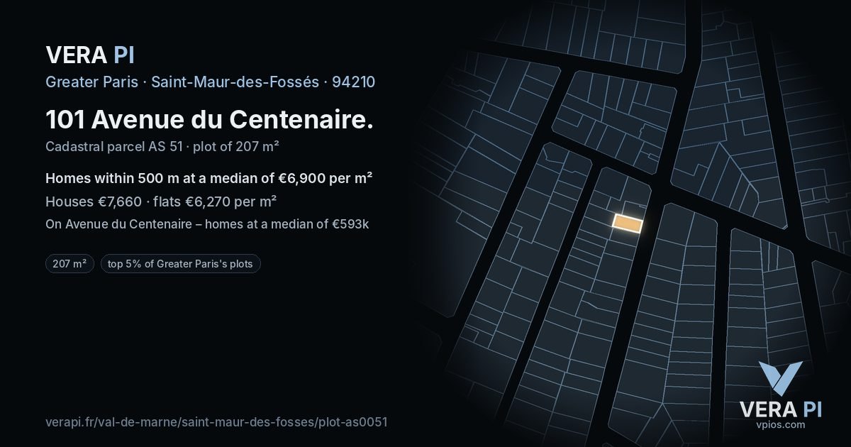 101 Avenue du Centenaire, Saint-Maur-des-Fossés at night – the plot lit, the parcels around coloured by the prices near them