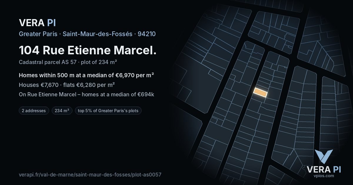 104 Rue Etienne Marcel, Saint-Maur-des-Fossés at night – the plot lit, the parcels around coloured by the prices near them