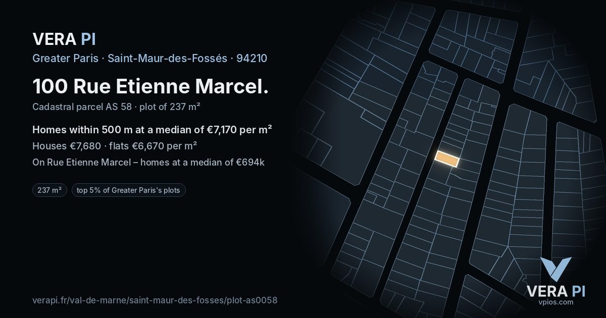 100 Rue Etienne Marcel, Saint-Maur-des-Fossés at night – the plot lit, the parcels around coloured by the prices near them