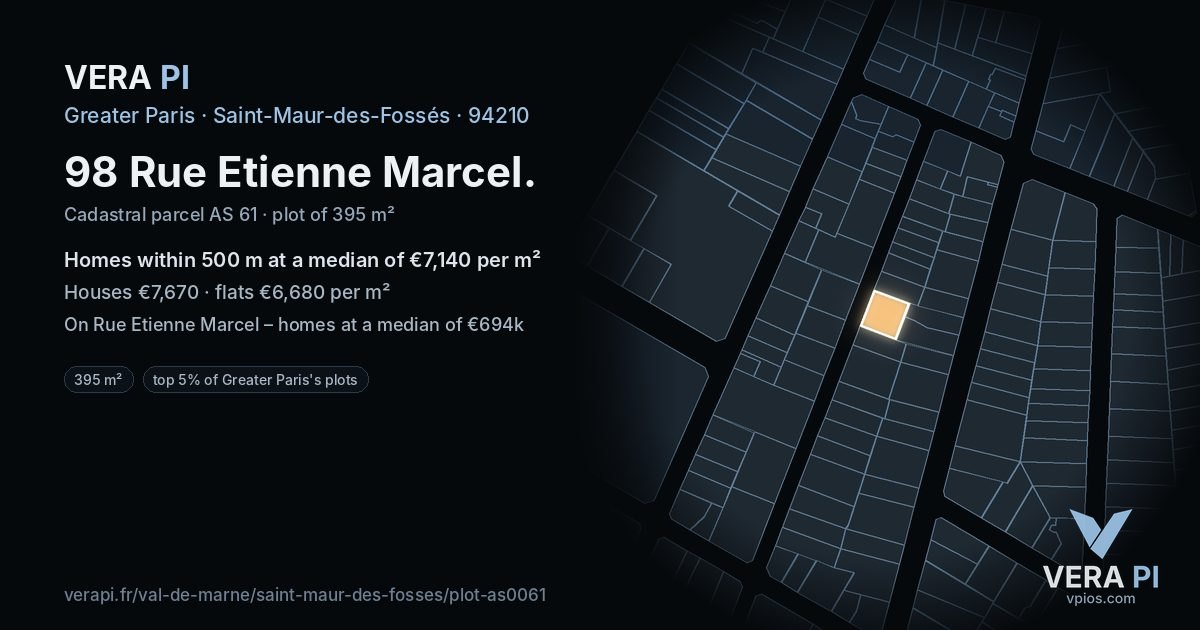 98 Rue Etienne Marcel, Saint-Maur-des-Fossés at night – the plot lit, the parcels around coloured by the prices near them